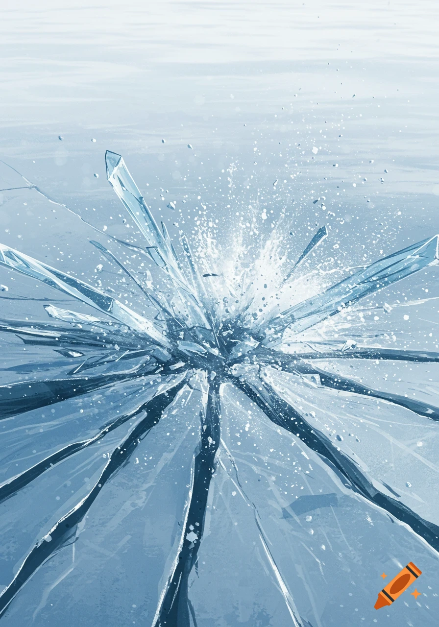 A dynamic illustration of a slab of ice shattering, with sharp crystal shards and water splashes erupting upwards.