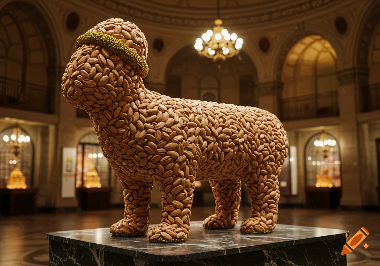 A detailed statue resembling a lamb, crafted entirely from pistachios, sits on a black marble pedestal in a grand, warmly lit exhibition hall.