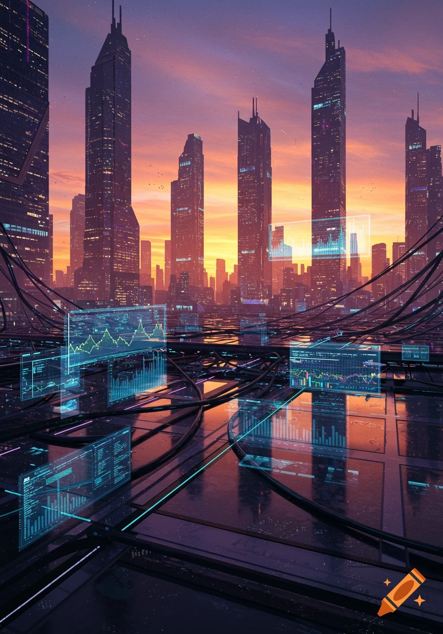 A futuristic city at sunset with glowing data screens displaying graphs and charts amidst tall skyscrapers.