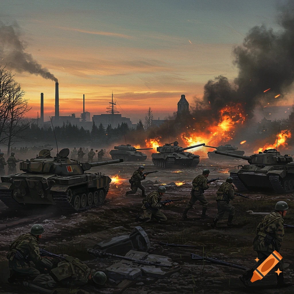 A chaotic military battle with tanks and soldiers advancing through a war-torn industrial area at sunset, amidst explosions and smoke.