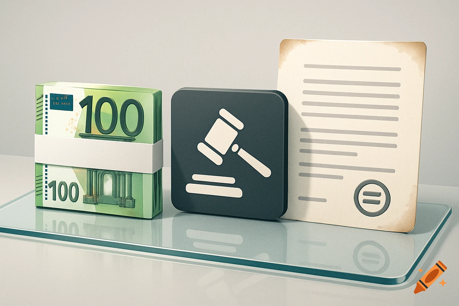 A stack of 100 Euro bills, a gavel icon, and a document with lines, all on a reflective glass surface.