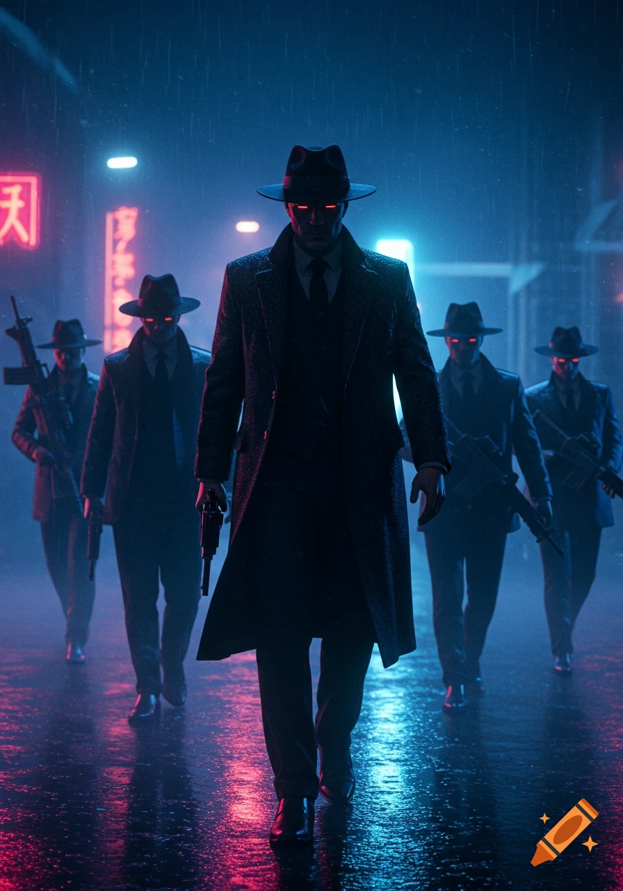 A group of shadowy men in fedoras and trench coats, with glowing red eyes, walk down a rainy, neon-lit cyberpunk street. They carry pistols and rifles.