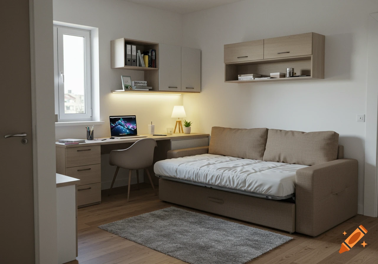 A modern, bright room featuring a wooden desk with a laptop, a chair, and shelves, next to a beige sofa bed and a grey rug.