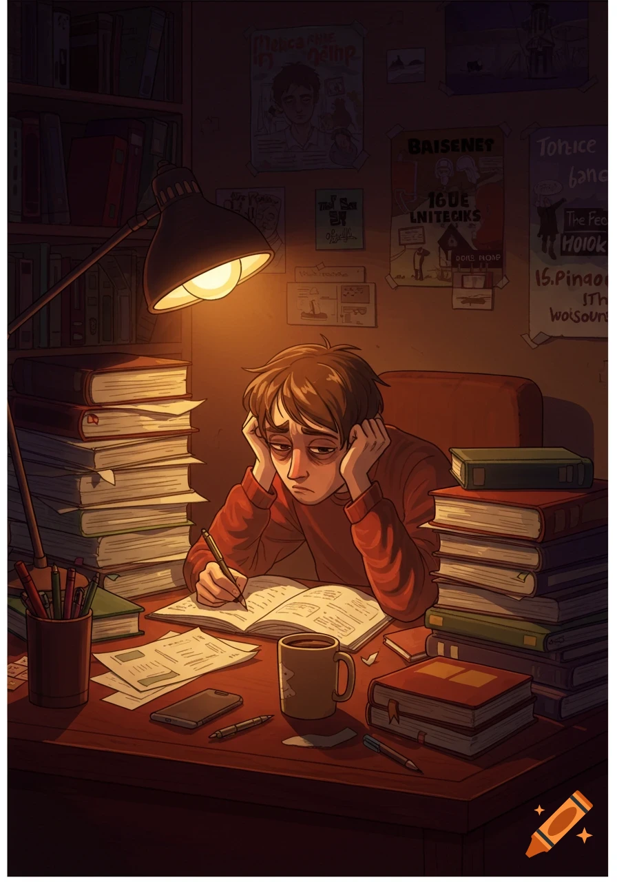 A tired student with dark circles under their eyes sits hunched over a desk full of books and papers, writing in an open textbook under the warm glow of a desk lamp, in an illustrative style.
