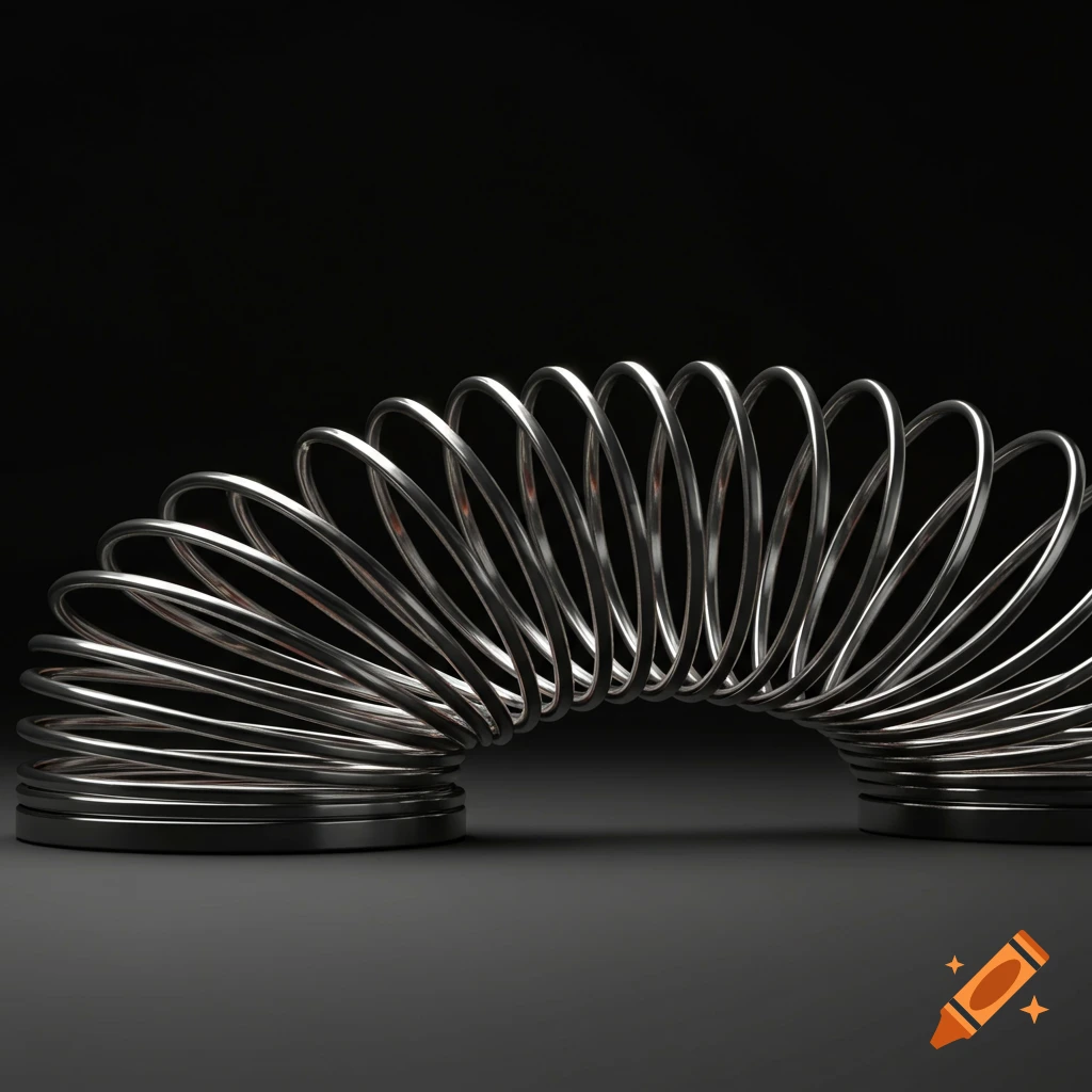 A silver metal slinky toy is horizontally compressed into an arch shape, casting shadows on a dark surface against a black background.