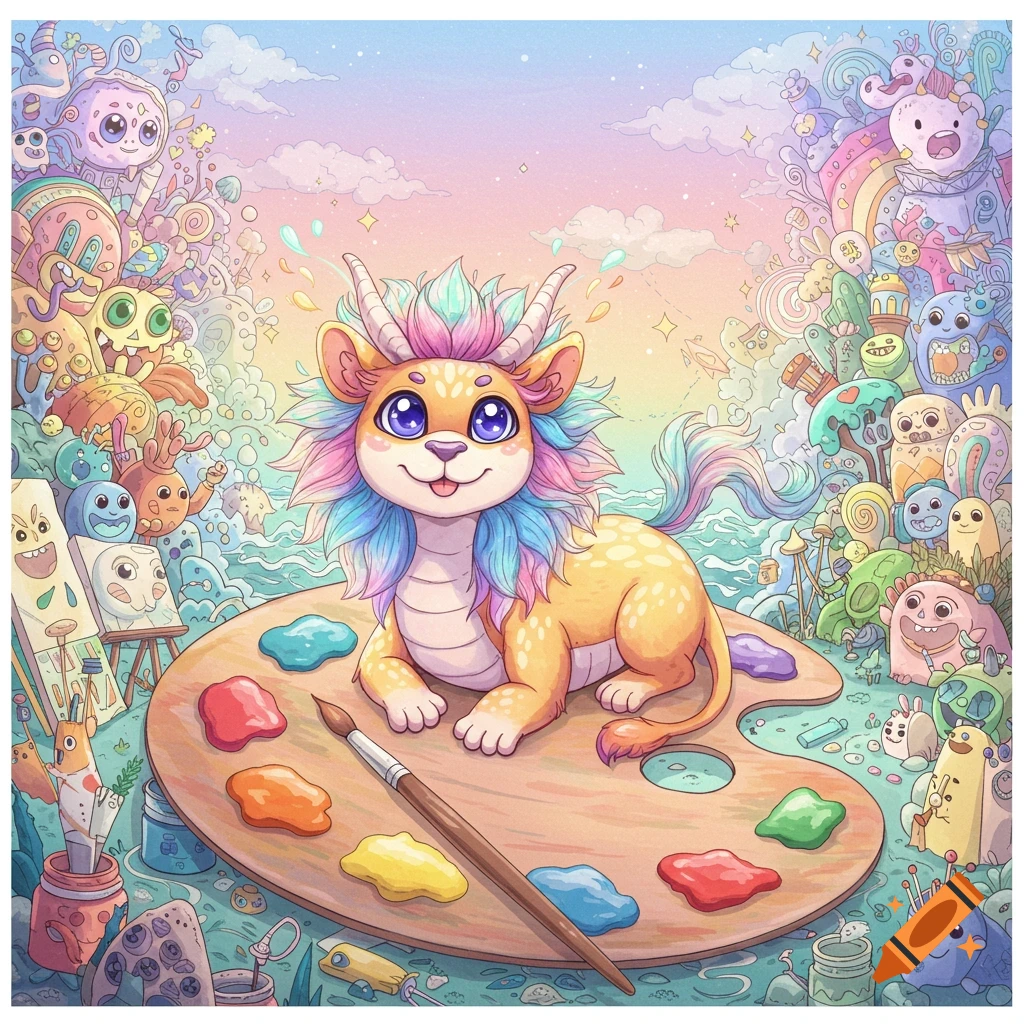 A cute, fluffy dragon-like creature with rainbow mane sits on an artist's palette with colorful paints, surrounded by whimsical doodle monsters in a pastel cartoon style.