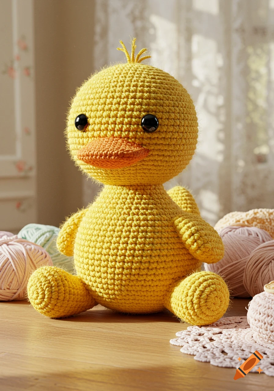 Warm-lit photo of a yellow amigurumi duck with an orange beak and black eyes, on a wooden table with yarn and lace.