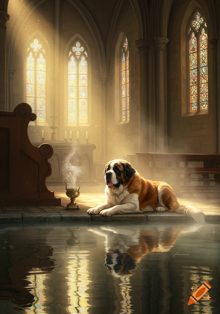 A Saint Bernard dog lies on a stone ledge in a sunlit church, with a pool of water reflecting the scene.