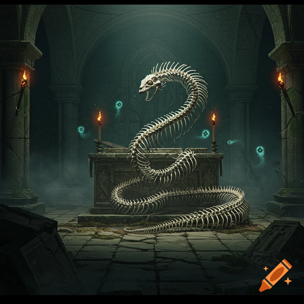 A skeletal snake coiled around a stone altar in a dark, misty ancient ruin with glowing blue spirits and torches.