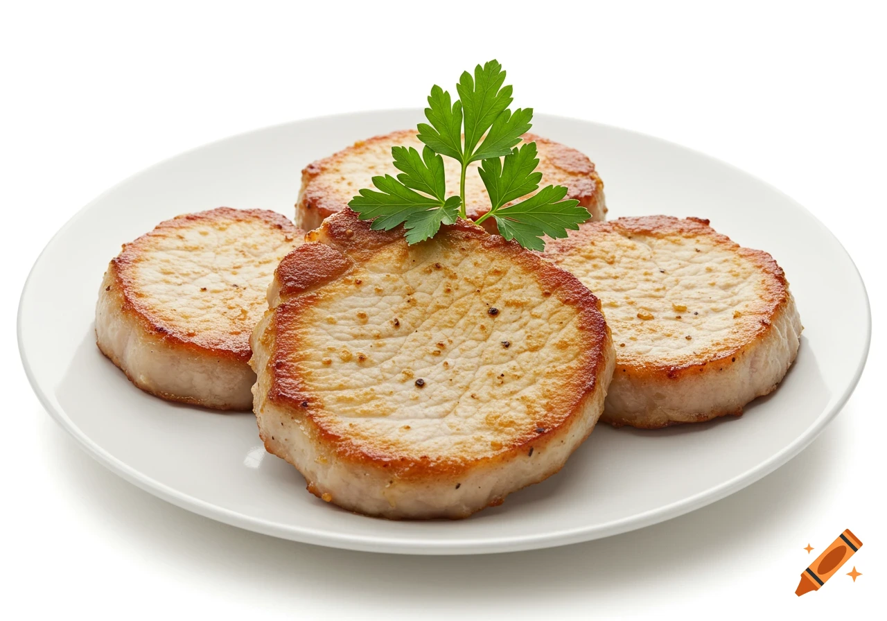 Four pan-fried pork chops with a sprig of fresh parsley on a white plate, isolated on white.