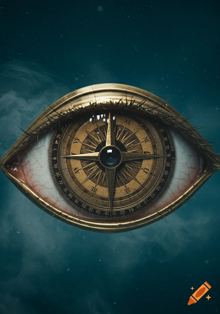 A detailed, surreal image of an eye with a golden antique compass as its iris and pupil, against a dark, smoky blue background.