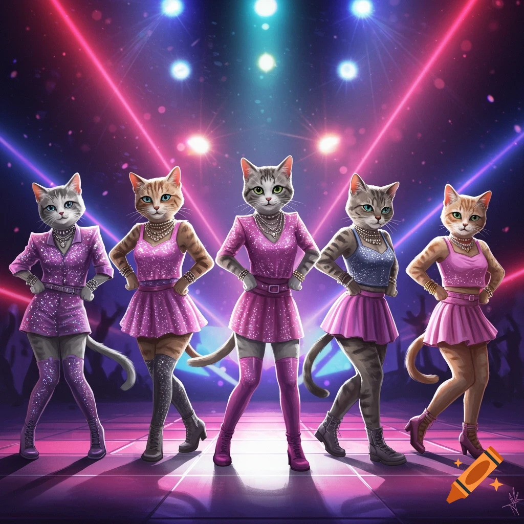 Five anthropomorphic cats in sparkly pink outfits pose on a stage with neon lights, in a K-pop style.
