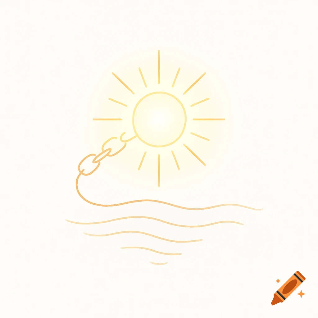 Minimalist golden line art logo of a radiant sunburst with a broken chain and subtle waves on a white background, symbolizing hope and freedom.