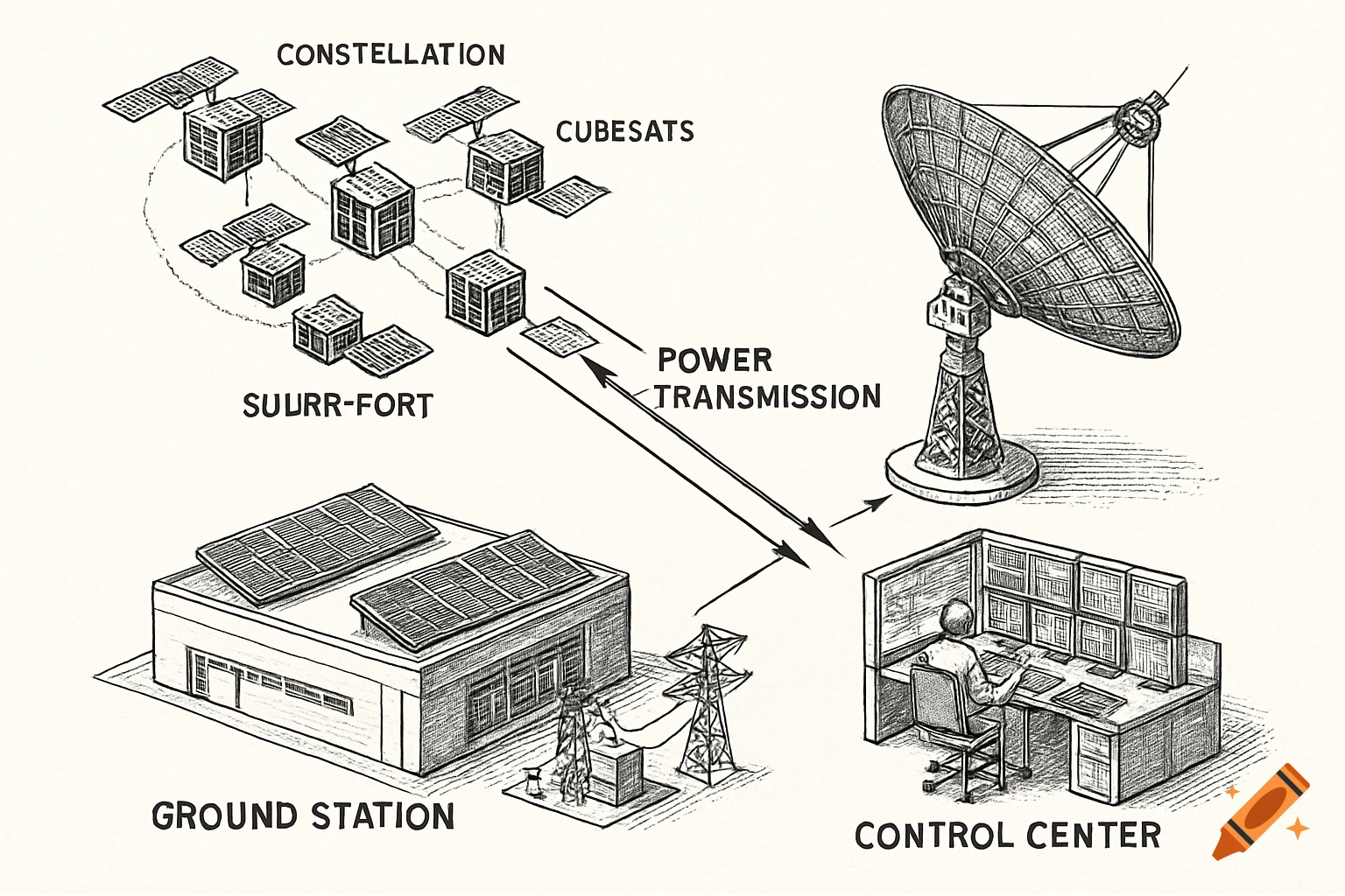 An isometric technical illustration of a space-based solar power system, with a cubeSat constellation beaming power to a ground station and control center.