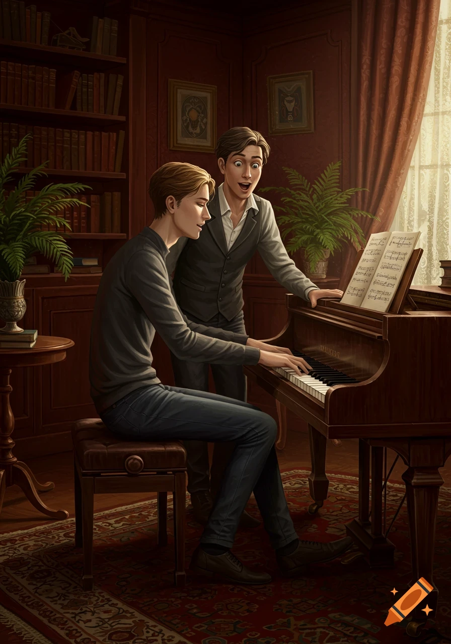 Two young men in a classic study, one playing a grand piano while the other watches with surprise.
