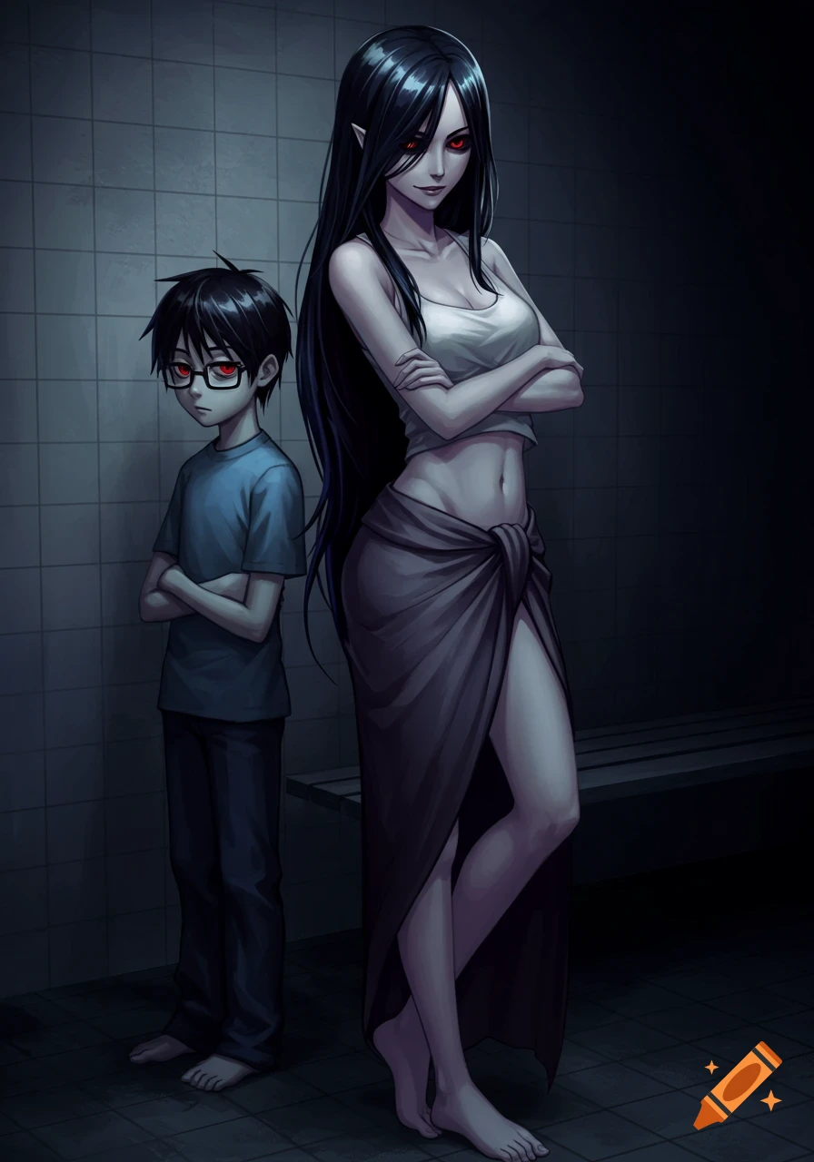 A dark anime illustration shows a tall woman with long black hair and red eyes, leaning on a short boy with glasses and red eyes, in a tiled room.