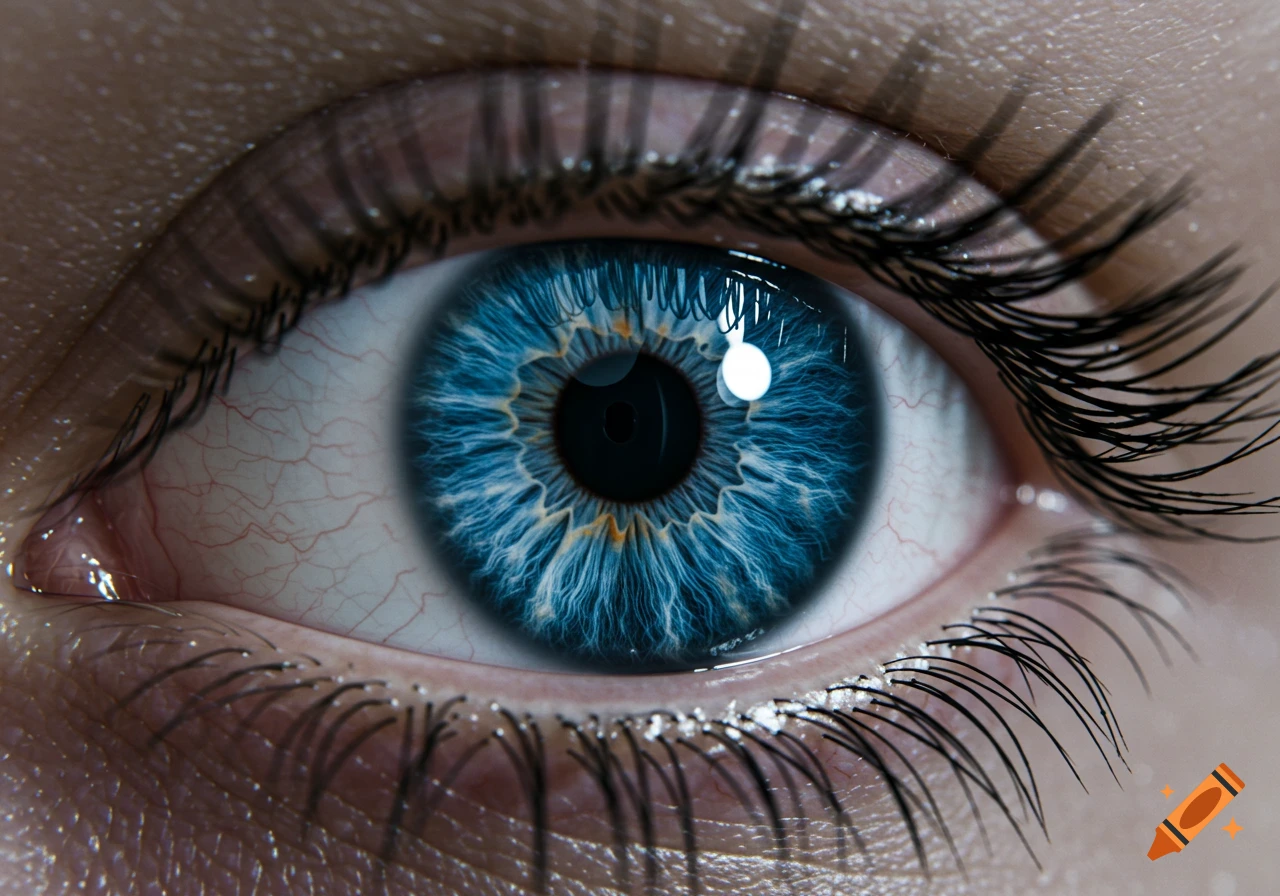 A highly detailed, photorealistic close-up of a vibrant blue human eye with visible veins and long lashes.