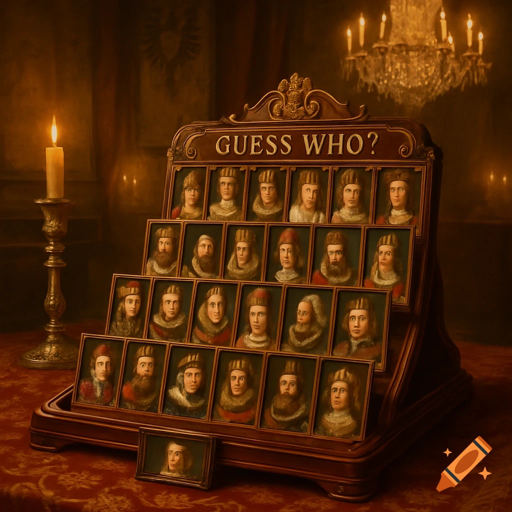 A vintage-style Guess Who? board game with portraits of historical figures, set in a dimly lit, candlelit room.
