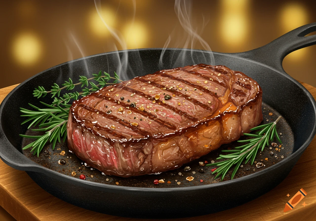 A sizzling seasoned steak with rosemary and thyme in a cast iron skillet, with steam rising, photorealistic style.