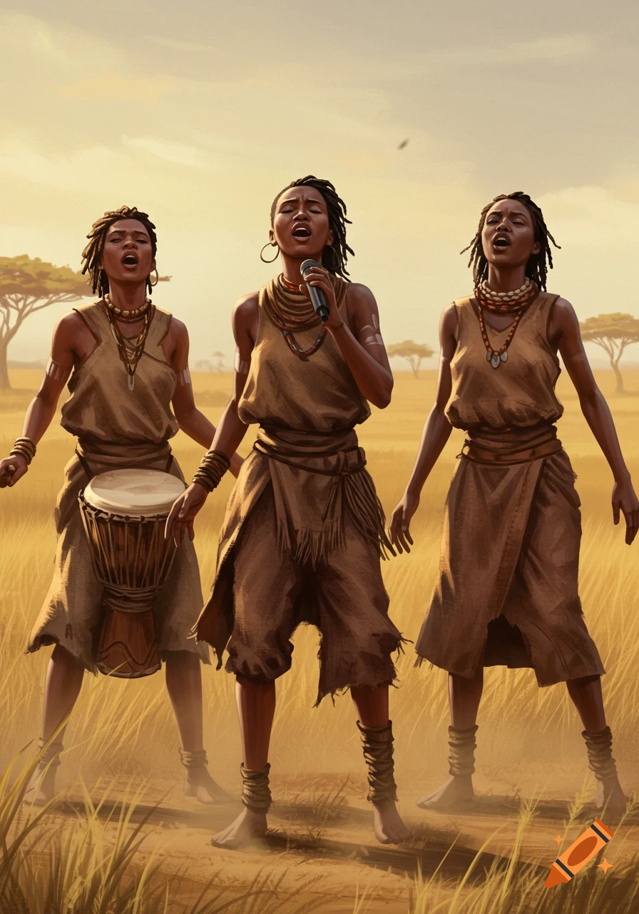 Three women in traditional attire sing in a grassy savanna with acacia trees, one with a microphone, another with a drum. Illustrated.