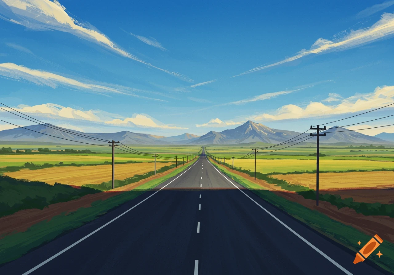 A stylized illustration of a long road stretching through green and yellow fields, flanked by utility poles, leading to distant mountains under a blue, cloudy sky.