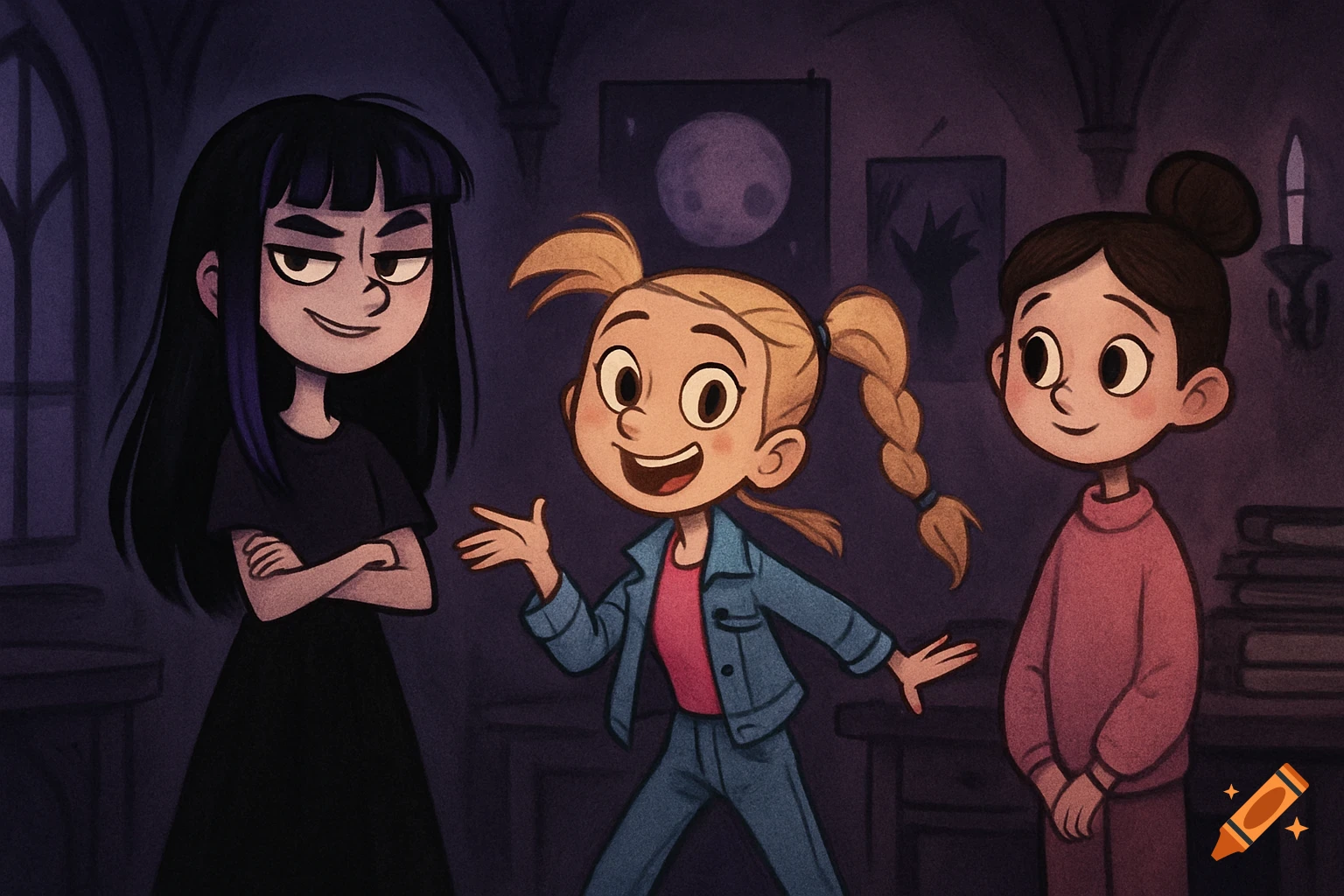 Three cartoon girls, one with dark hair and a smirk, one blonde in pigtails, and one with a bun, stand in a gothic-style room.