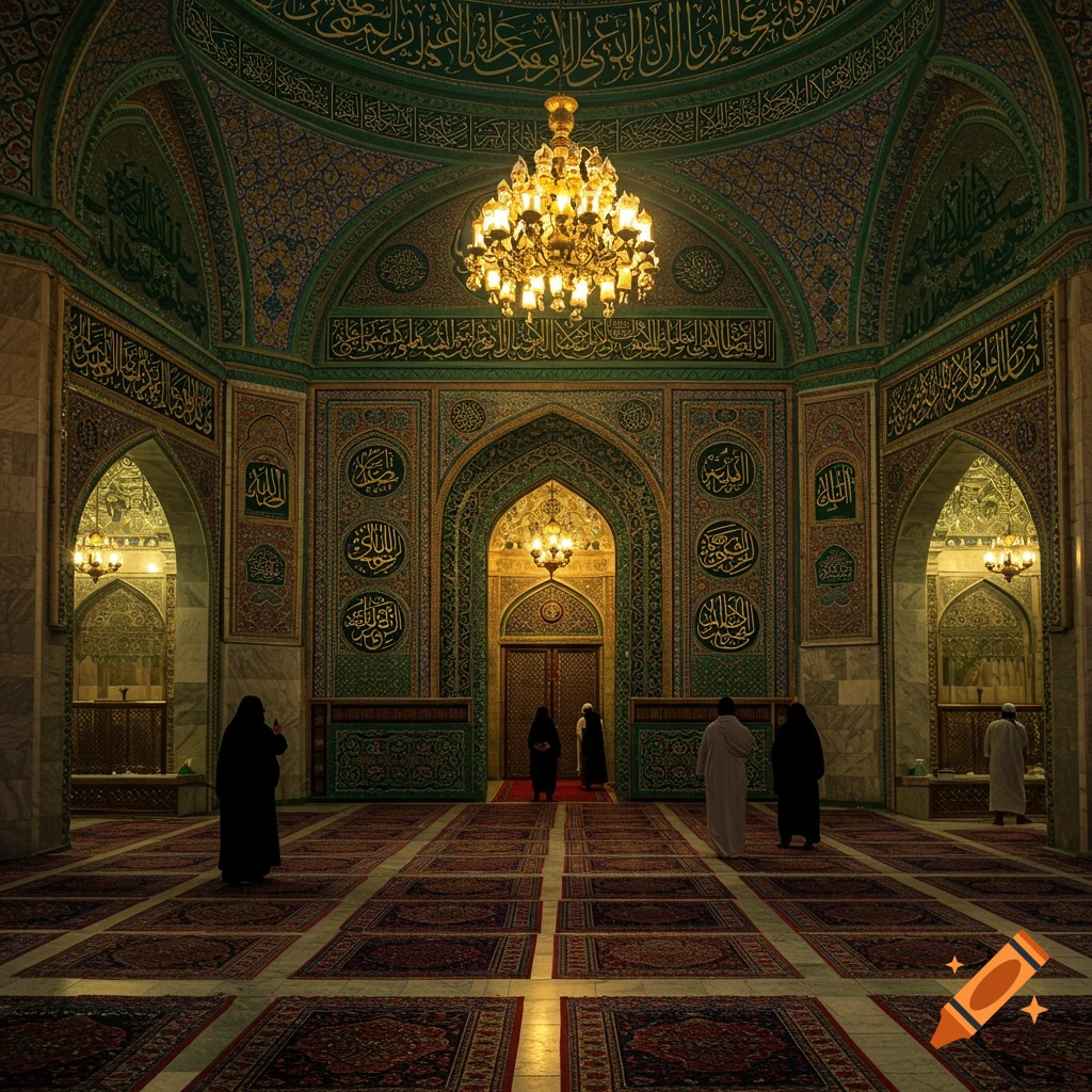 Interior of a beautifully ornate mosque with green and gold patterned walls, a large central chandelier, and several people walking on patterned carpets.