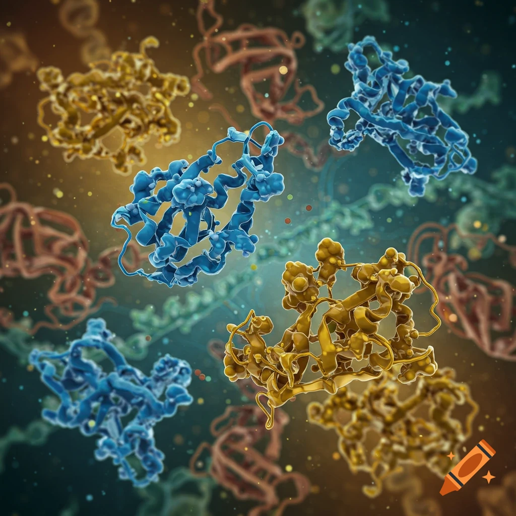 Close-up of several blue and gold protein molecules, intricately rendered in 3D against a blurred, abstract background.
