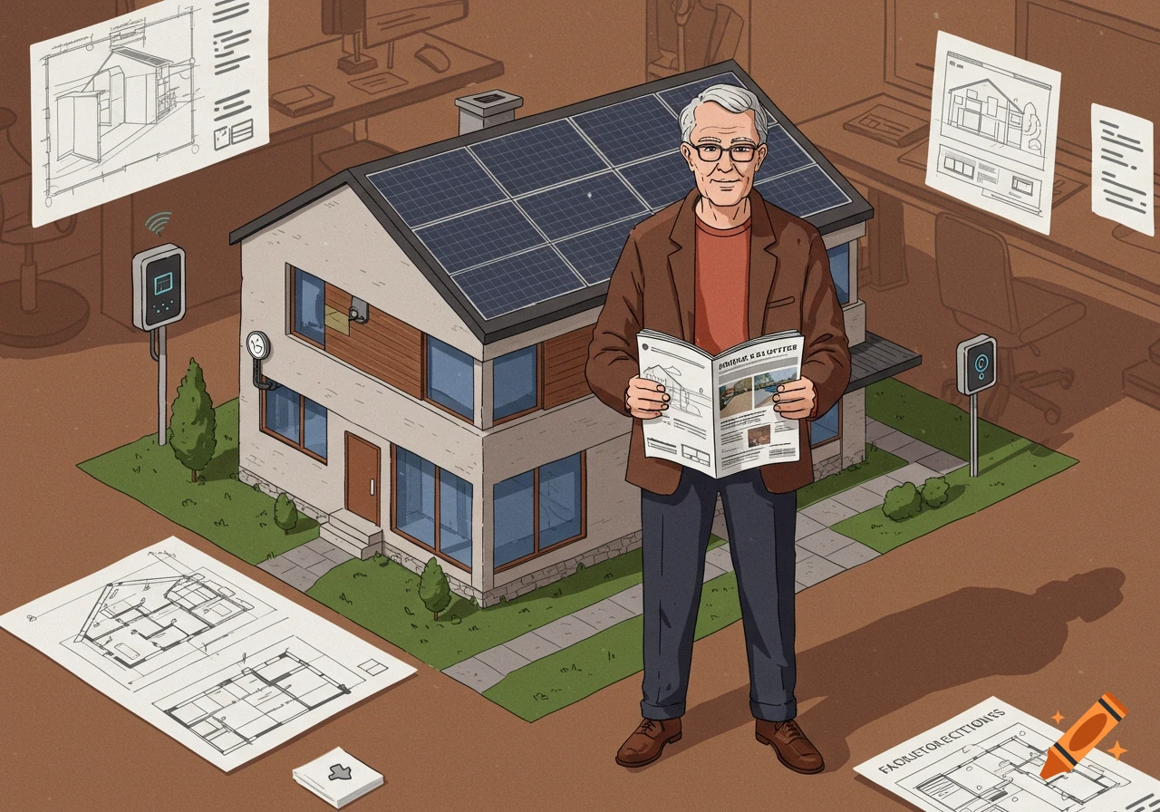 An isometric illustration of a man holding a newspaper in front of a house with solar panels and architectural plans.