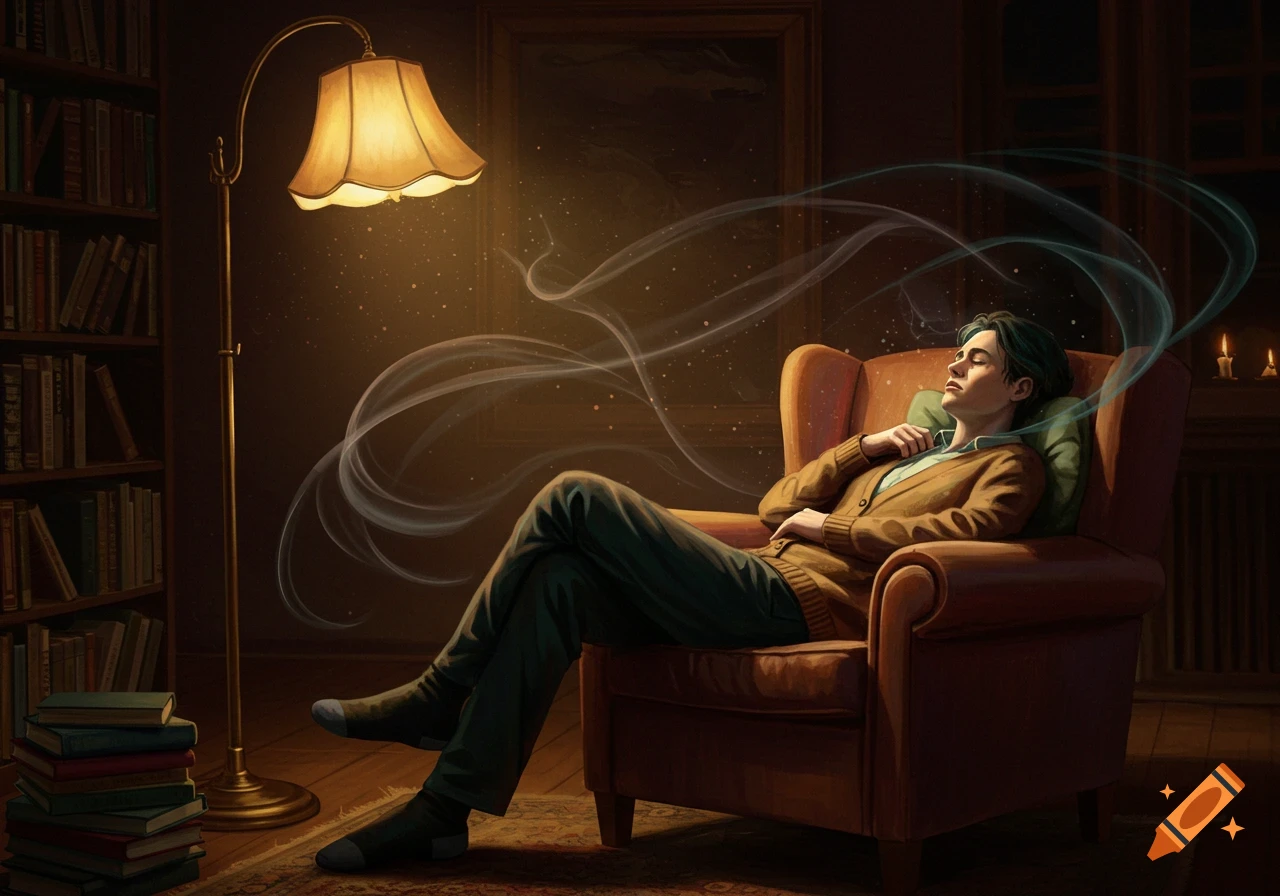 A man in a brown cardigan sleeps in an armchair under a lamp, ethereal wisps float around his head in a dimly lit library.