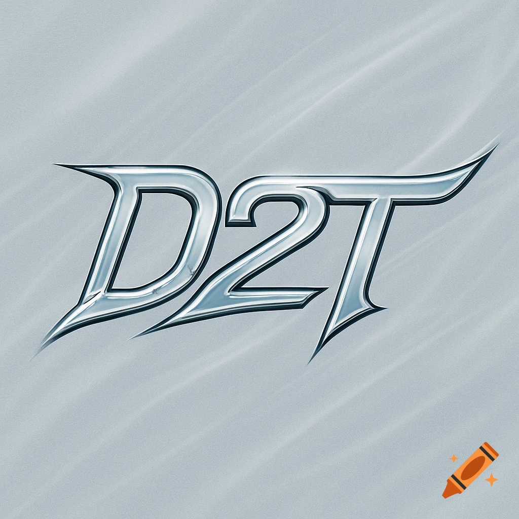 A metallic, stylized logo featuring the text 'D2T' against a light, wavy background.