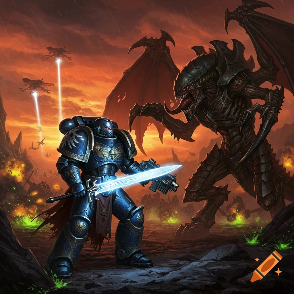 A blue armored Space Marine with a glowing sword battles a large, dark, winged Tyranid monster on a rocky alien planet under an orange sky.