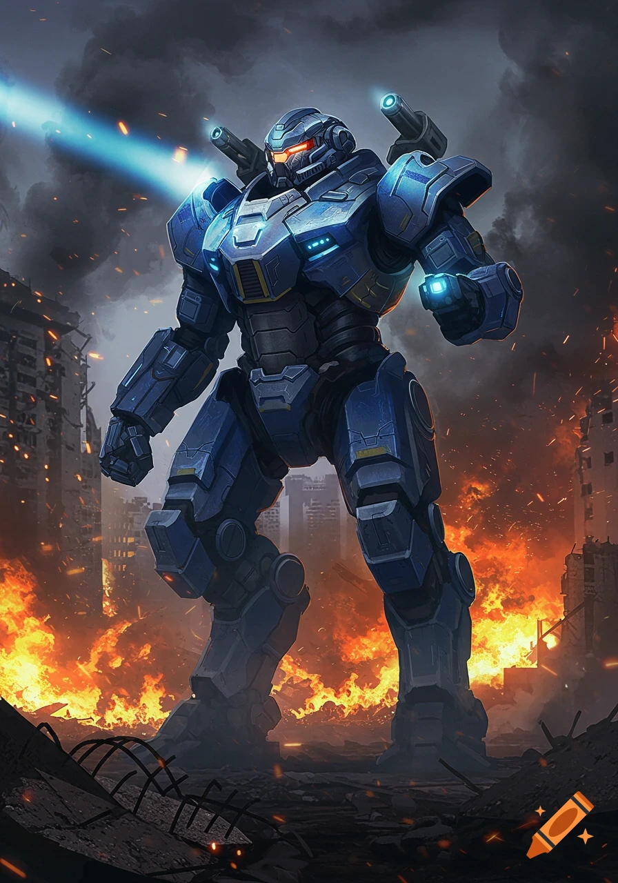 A blue and grey mech robot stands amidst a fiery, destroyed city with smoke and debris.