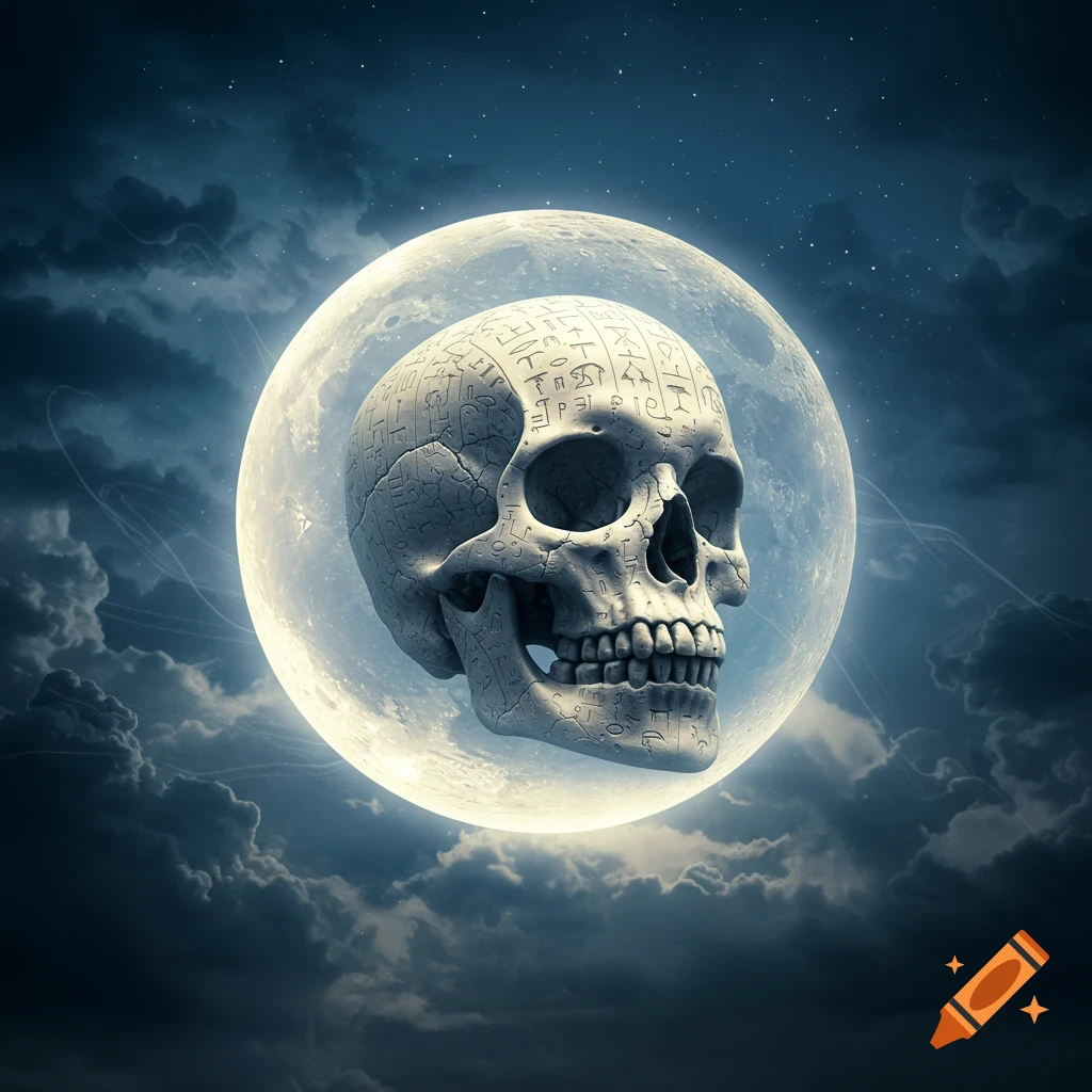 An ancient, stylized skull with cryptic markings floats in front of a glowing full moon, surrounded by dark, wispy clouds and stars.