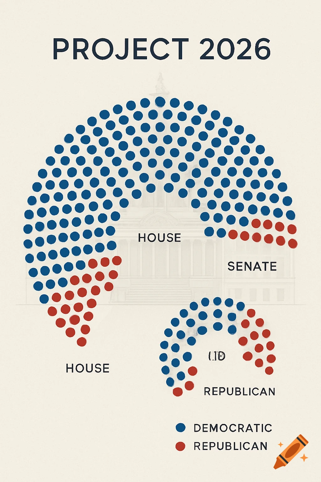 A diagram shows US House and Senate with blue and red dots for Democratic and Republican representation, titled 'PROJECT 2026'.