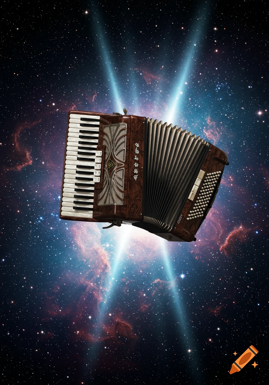 A detailed brown accordion with white and black keys floats in outer space, illuminated by crossing blue light beams against nebulae and stars.