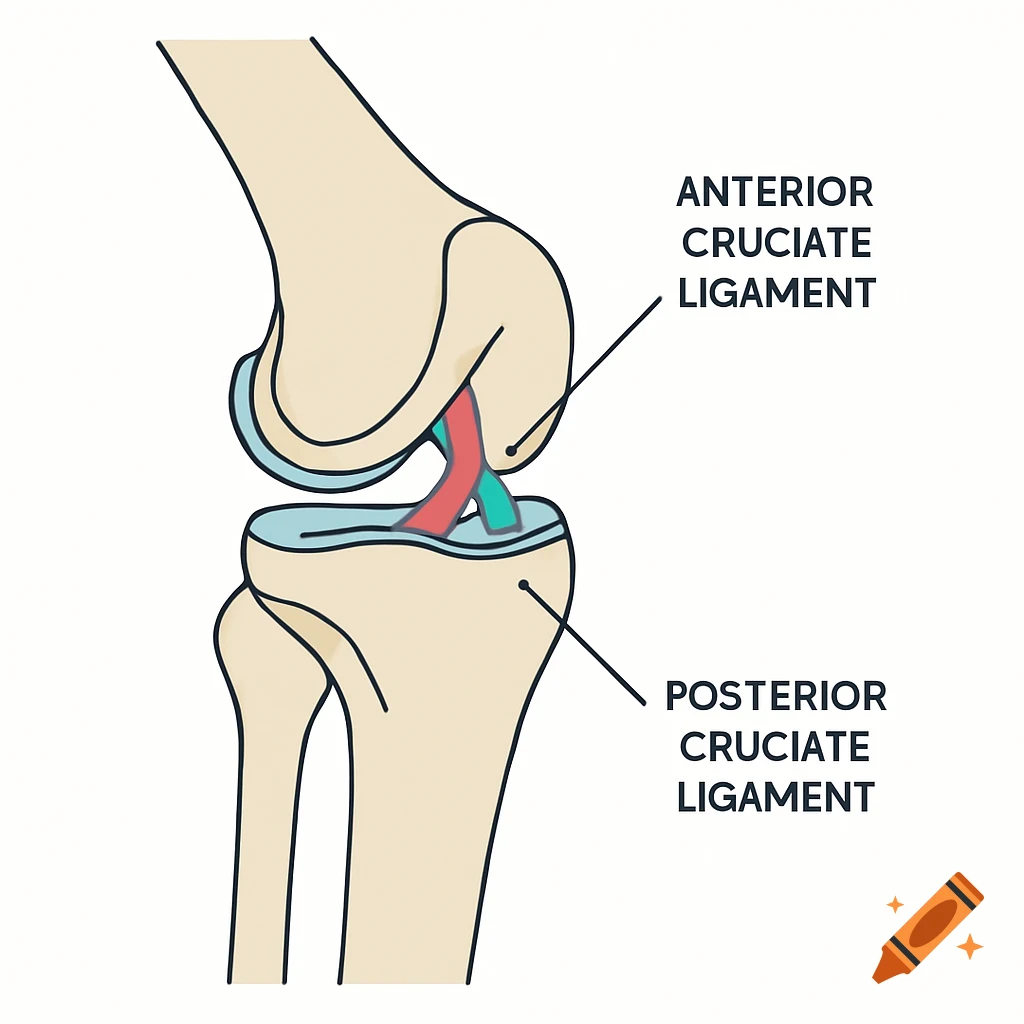 A sagittal medical diagram of a knee joint highlighting the anterior and posterior cruciate ligaments with labels.