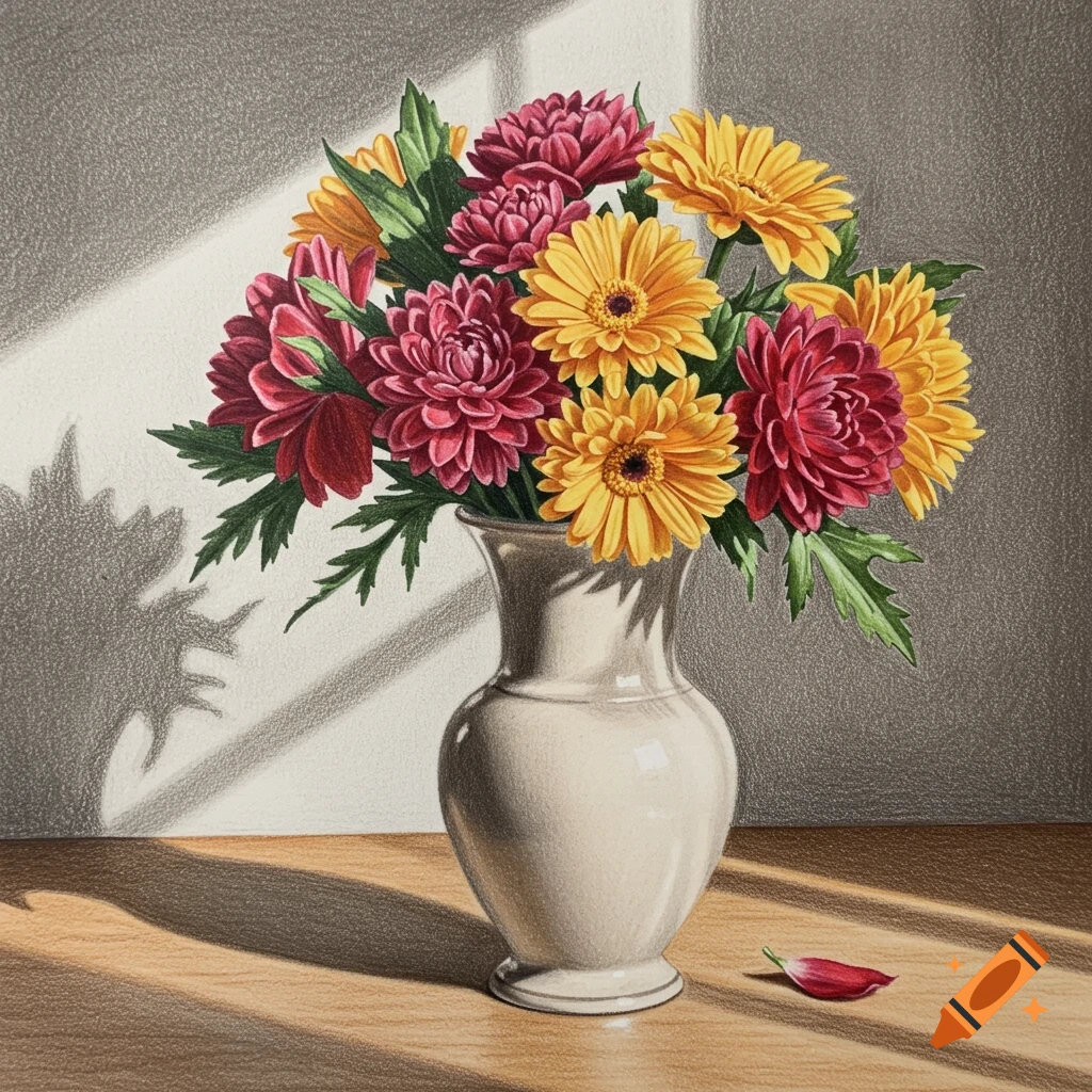 Colored pencil sketch of red and yellow flowers in a white vase on a wooden table, with sunlight casting shadows.