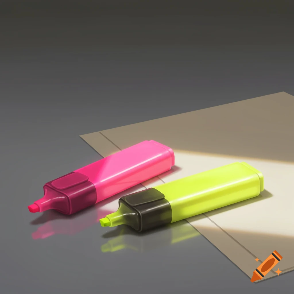 Two vibrant pink and yellow highlighters lie on a gray surface next to a stack of light-colored paper.