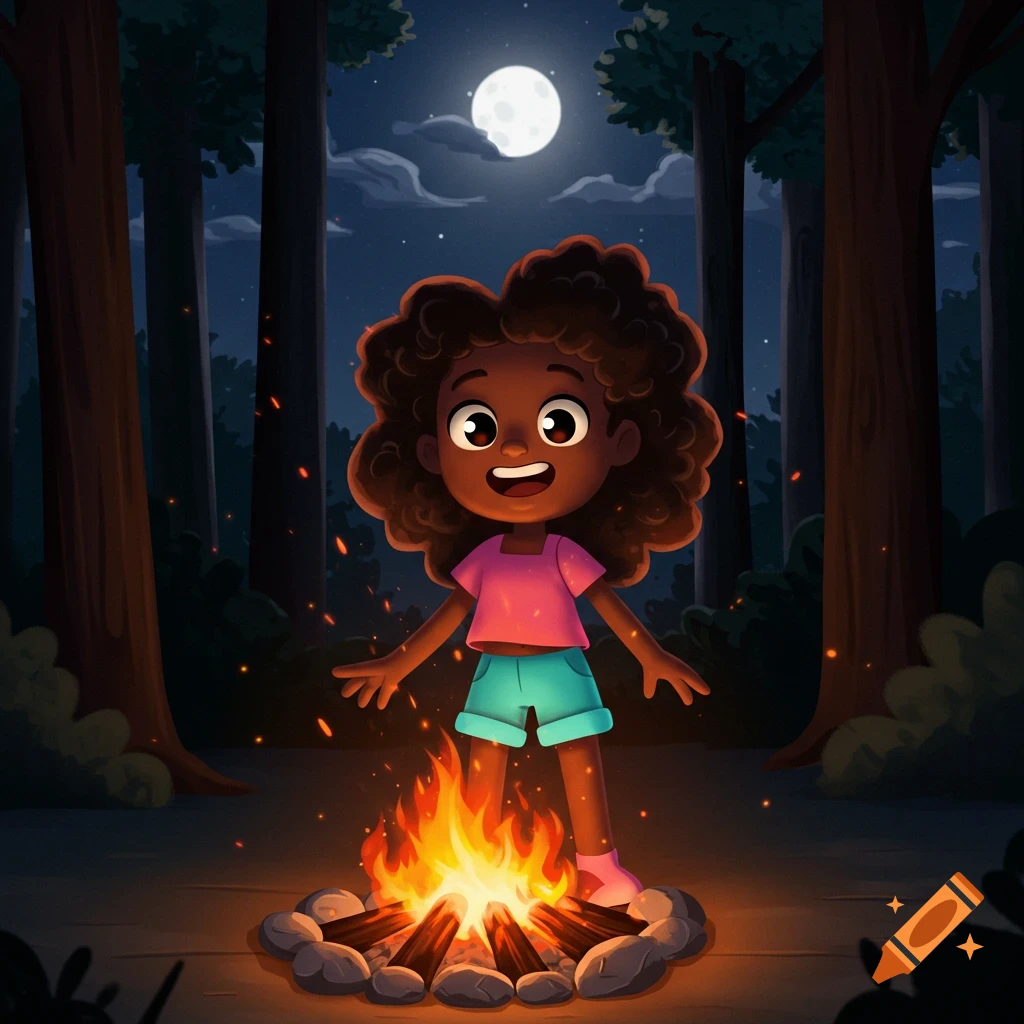Happy black cartoon girl with curly hair standing by a bright campfire in a dark forest under a full moon.