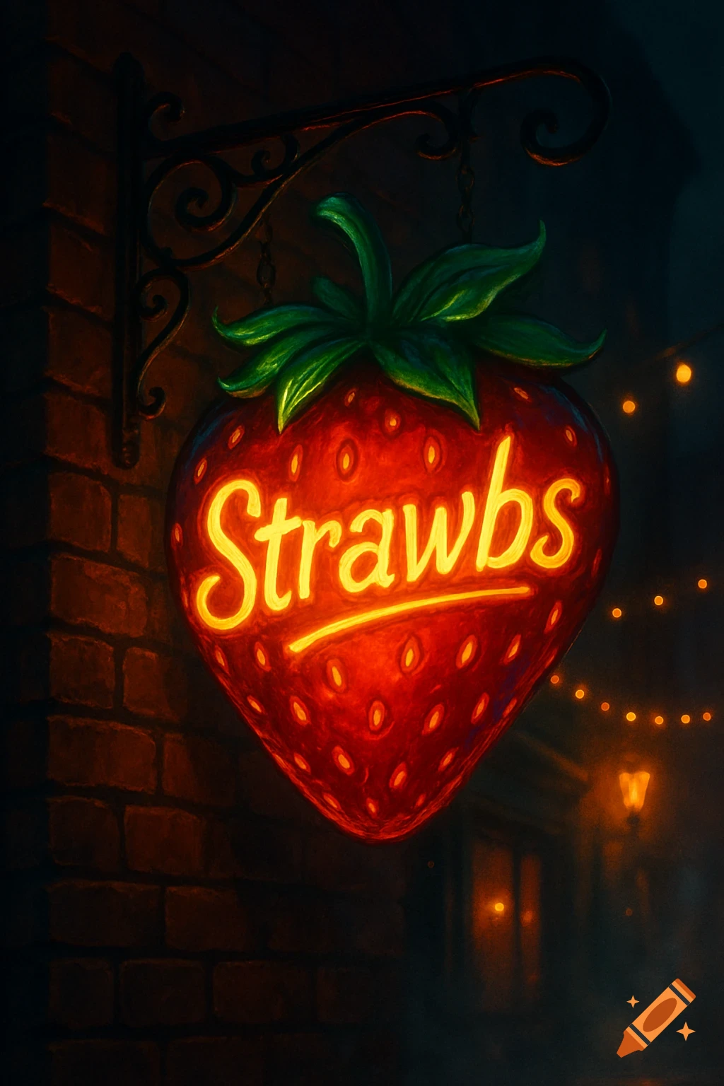An illuminated strawberry-shaped neon sign with 'Strawbs' written on it, hanging on a brick wall at night with glowing lights in the background.