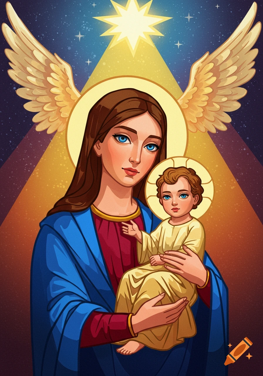 A colorful illustration of the Virgin Mary holding baby Jesus under a bright star, with an angelic wing in the background.