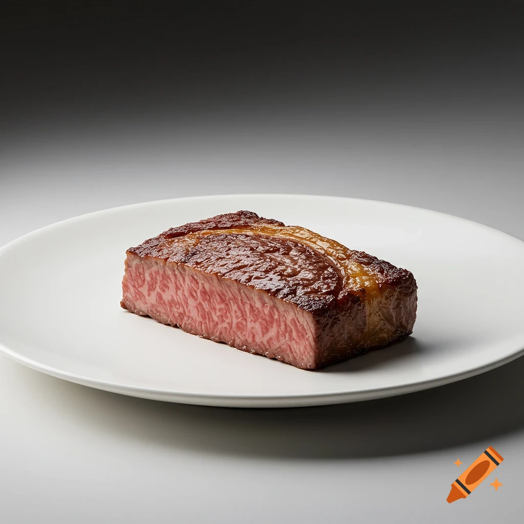 A seared beef steak, sliced to reveal pink marbling, rests on a white plate against a gradient background.