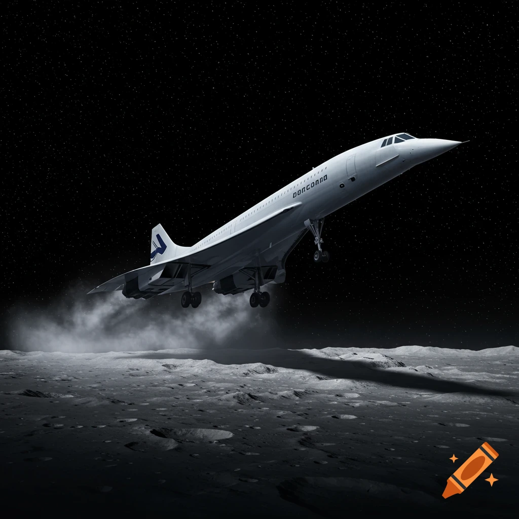 A white Concorde-like airliner takes off from a cratered moon surface under a starry black sky, leaving a trail of dust.