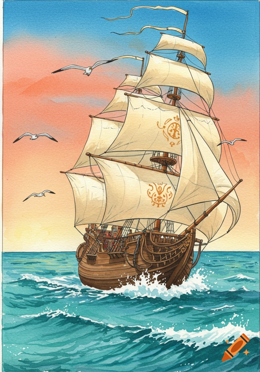 A vibrant watercolor illustration of a 16th-century explorer's ship sailing on a blue ocean with seagulls under a pink and blue sky.