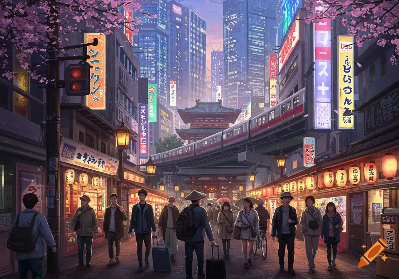 An anime-style illustration of a bustling Tokyo street at dusk, with travelers walking past glowing neon signs, traditional lanterns, cherry blossom trees, and a train passing on an elevated track above a temple.