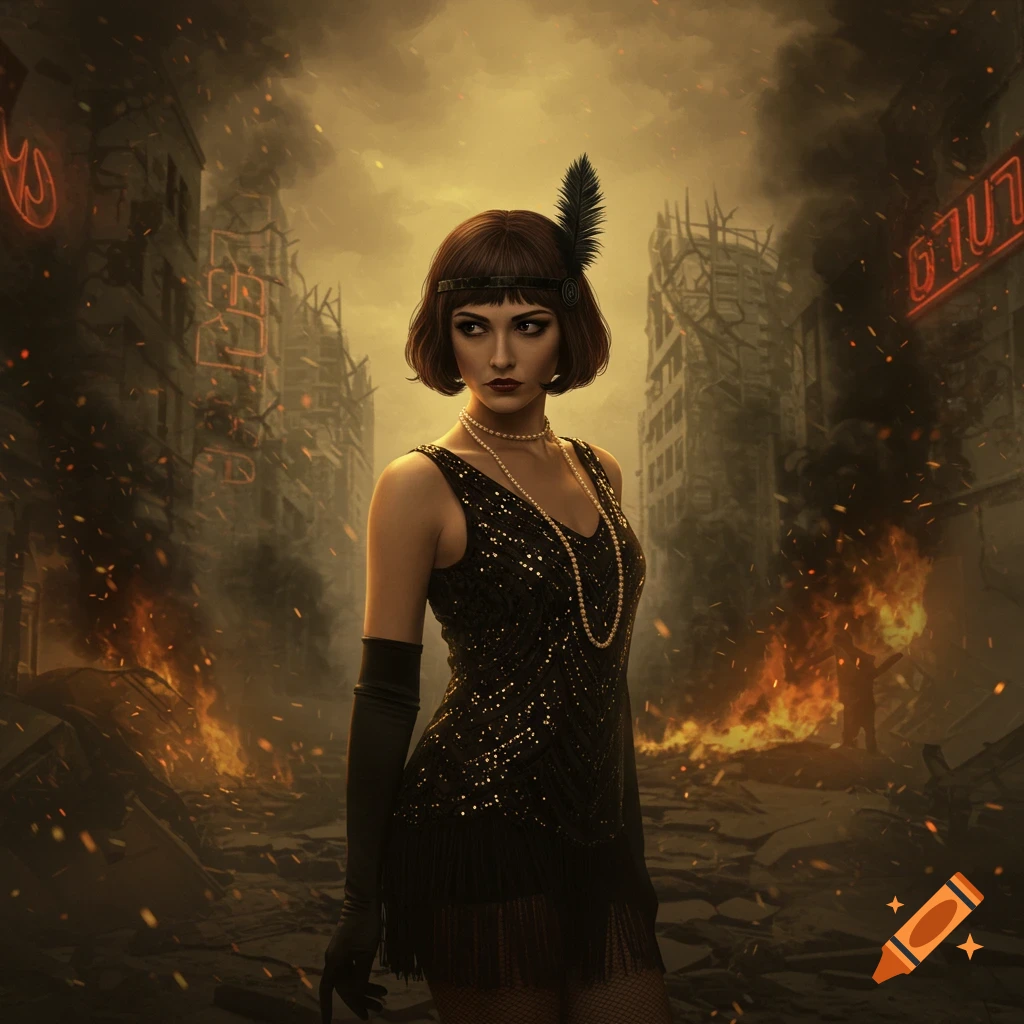 A flapper woman in a black sequin dress, pearls, and feather headband stands in a burning, ruined city at dusk, looking over her shoulder.