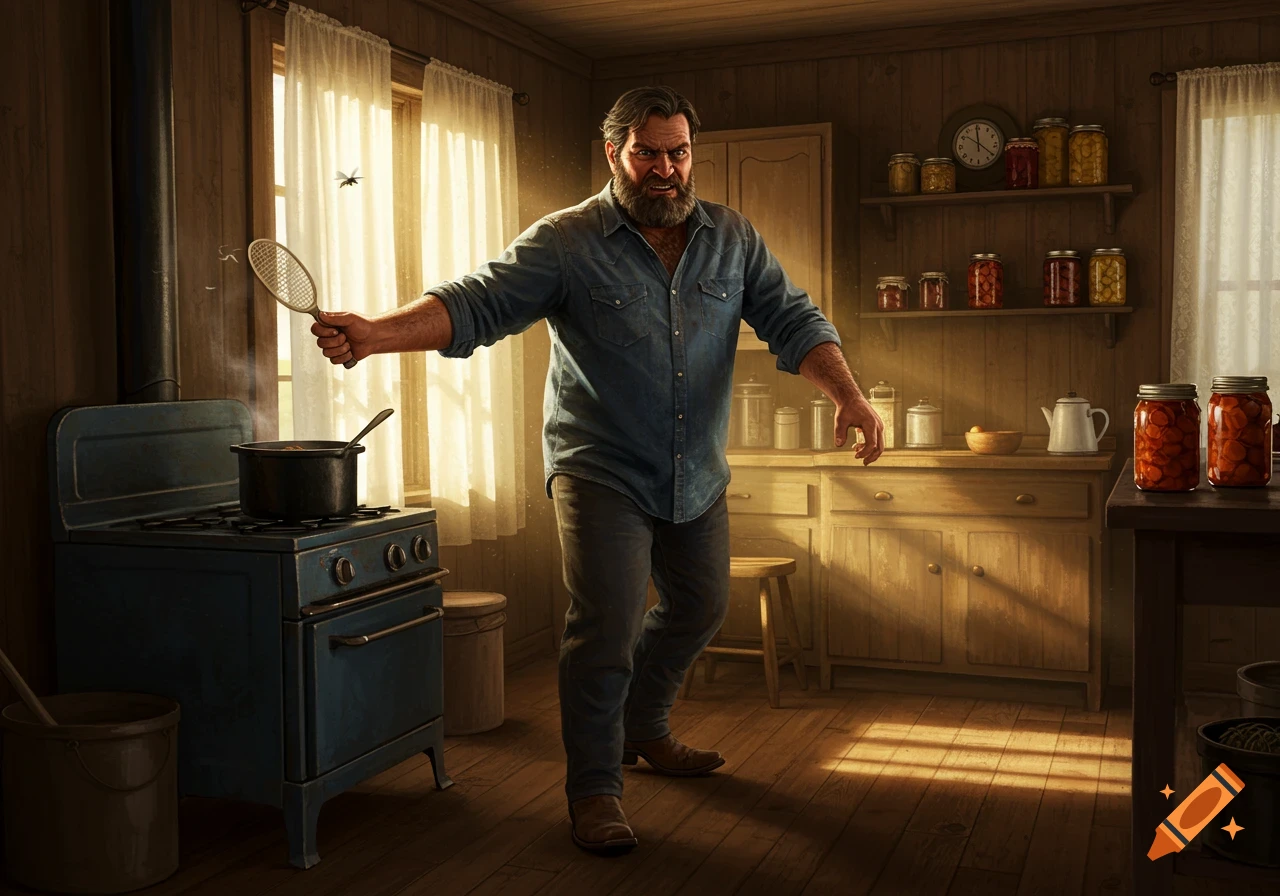 A bearded man in a denim shirt holds a fly swatter, grimacing at a fly in a rustic kitchen.