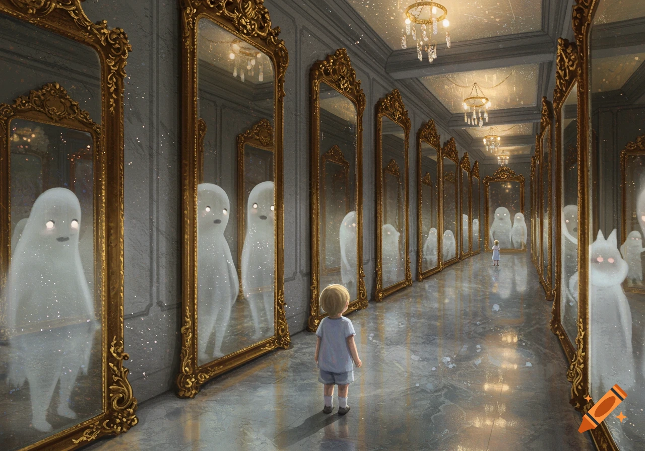 A child stands in a long hallway lined with ornate mirrors, each reflecting a shimmering, white ghost-like figure with glowing eyes.