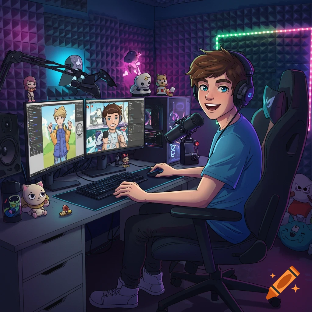 Cartoon boy in headphones smiles at a desk with dual monitors, a microphone, and a gaming PC in a room with acoustic foam and neon lights.